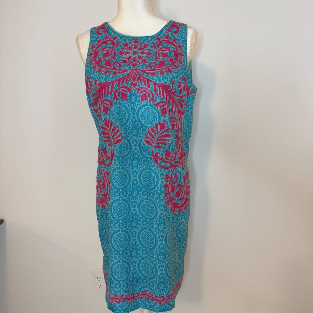 Gretchen Scott Embroidered Shift Dress rare Sleeveless Keyhole Back small